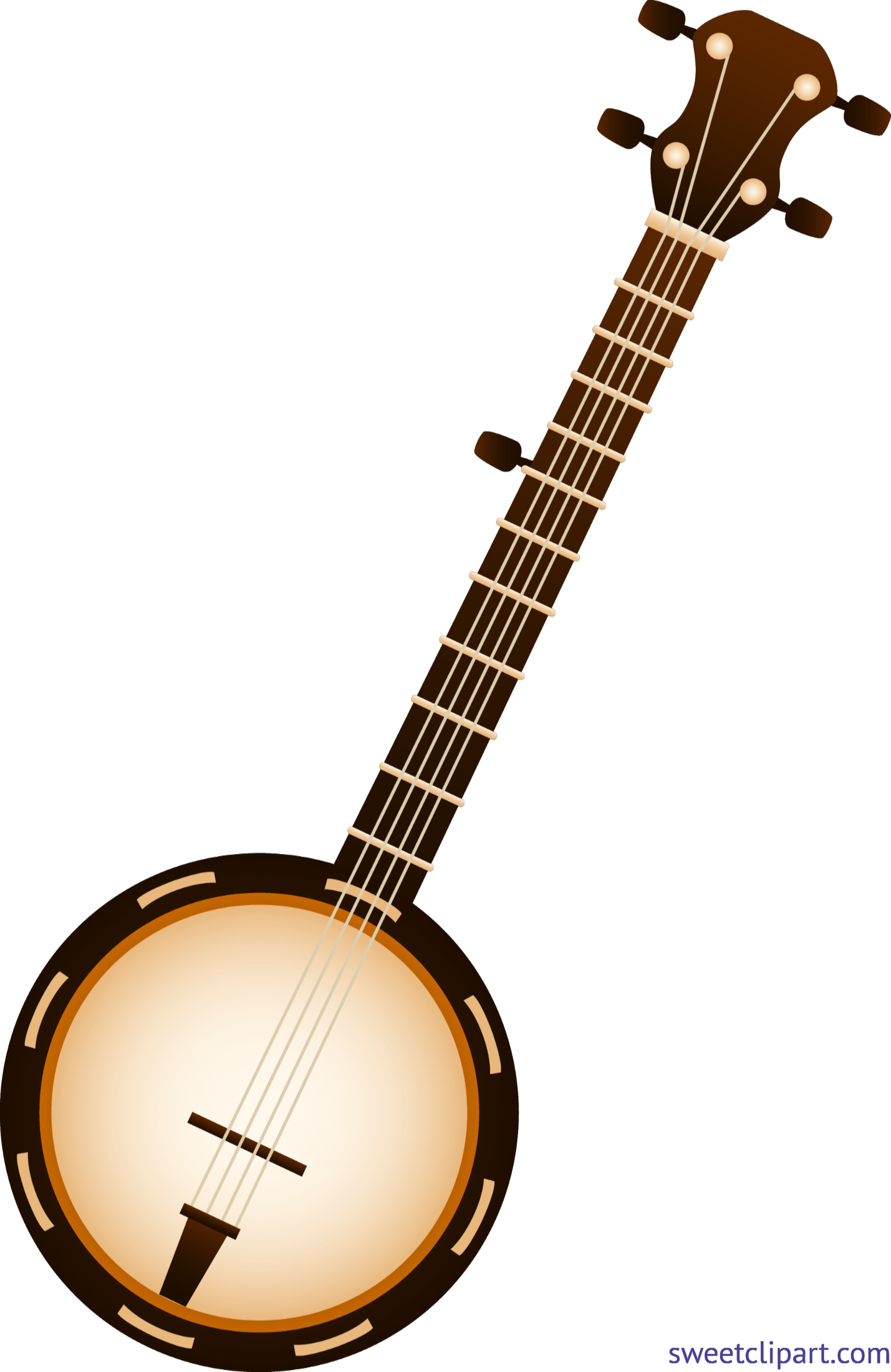 A detailed illustration of a banjo with a wooden body, long neck, and six strings, set against a white background.