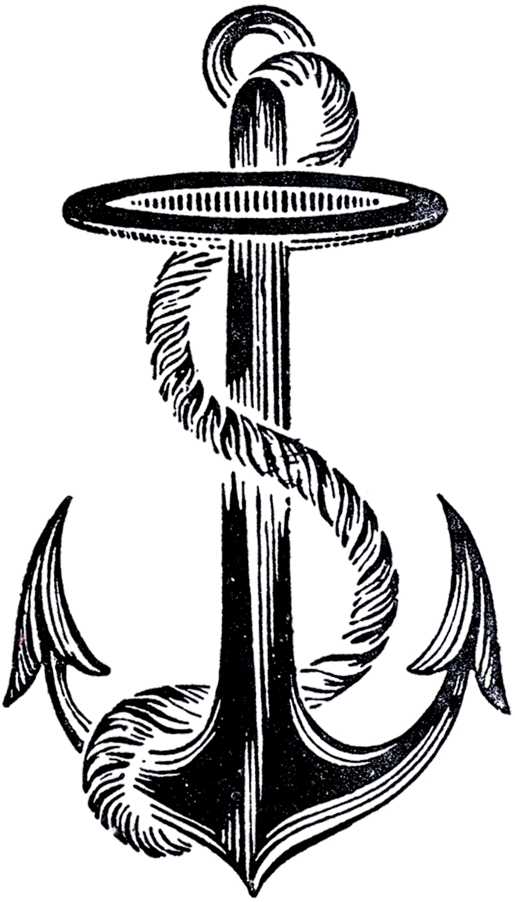 Black and white illustration of a nautical anchor with a rope coiled around it.