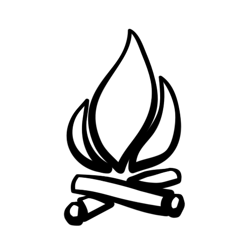 Black and white line drawing of a campfire with flames and crossed logs