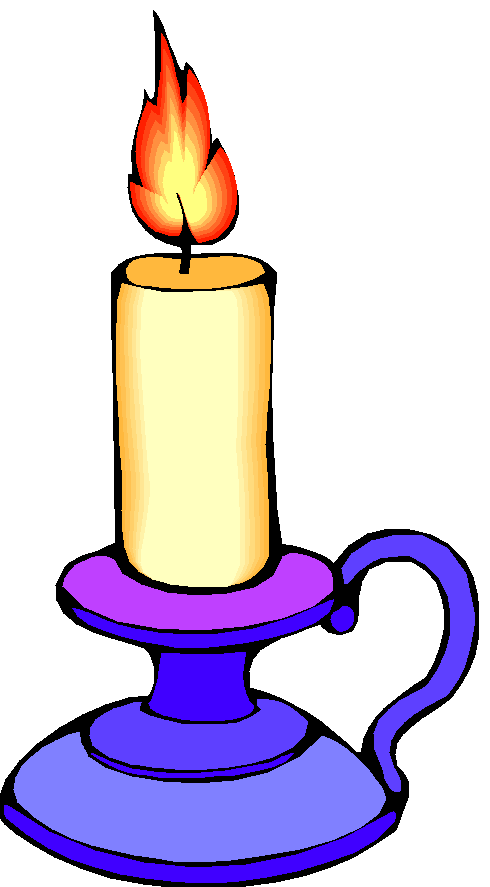 A lit yellow candle in a purple candlestick holder with a flame.