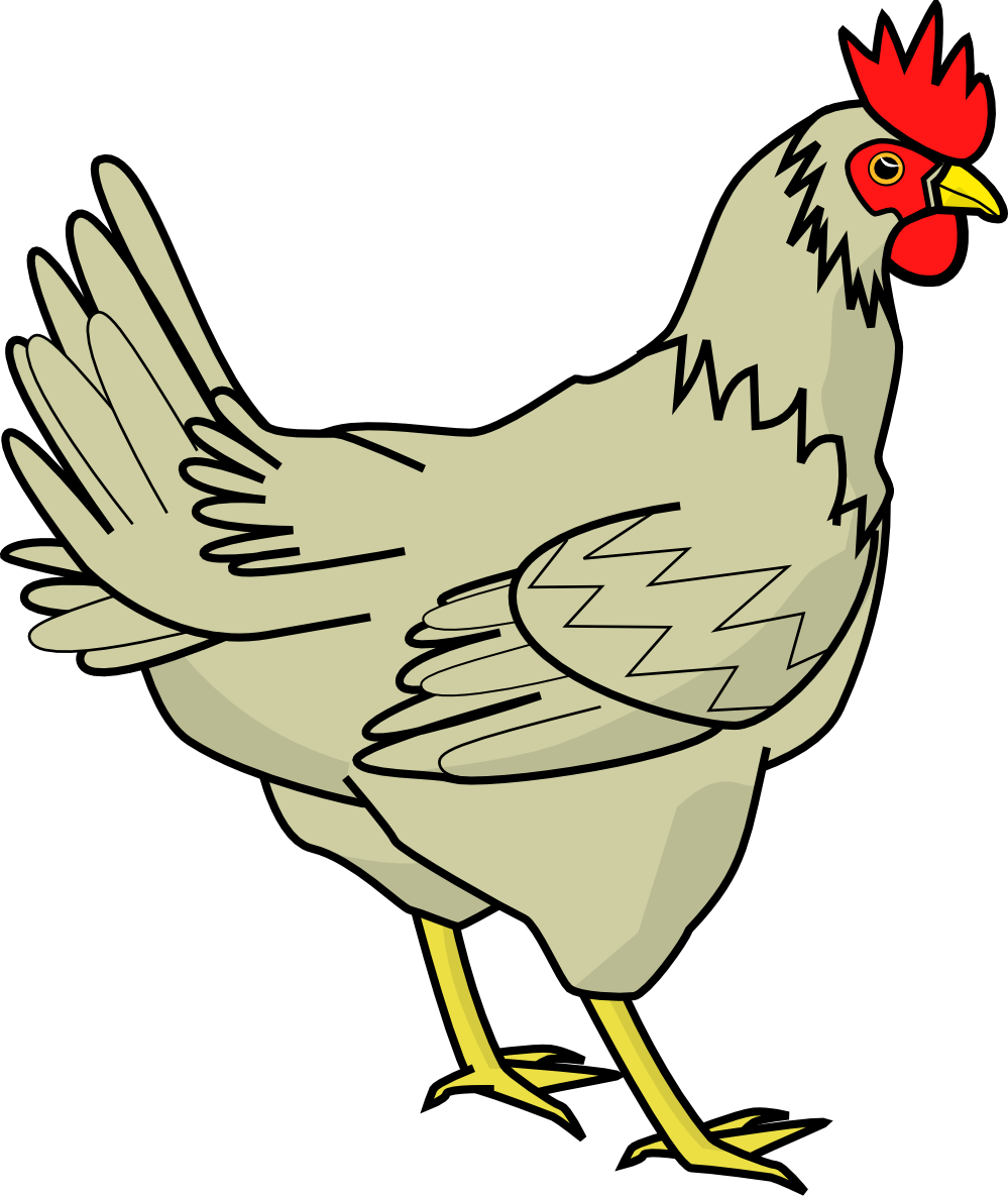 A cartoon illustration of a light brown chicken with a red comb and wattle, yellow beak and legs, standing with one wing slightly raised.