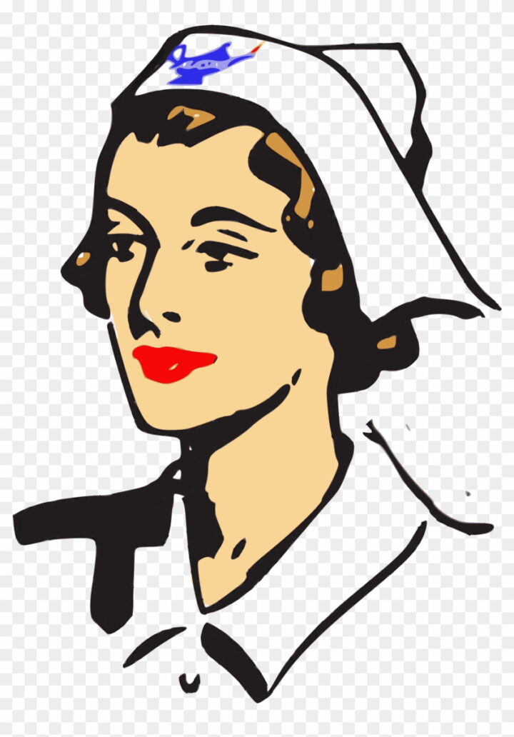 Illustration of a nurse in profile wearing a white uniform and cap with a blue emblem.