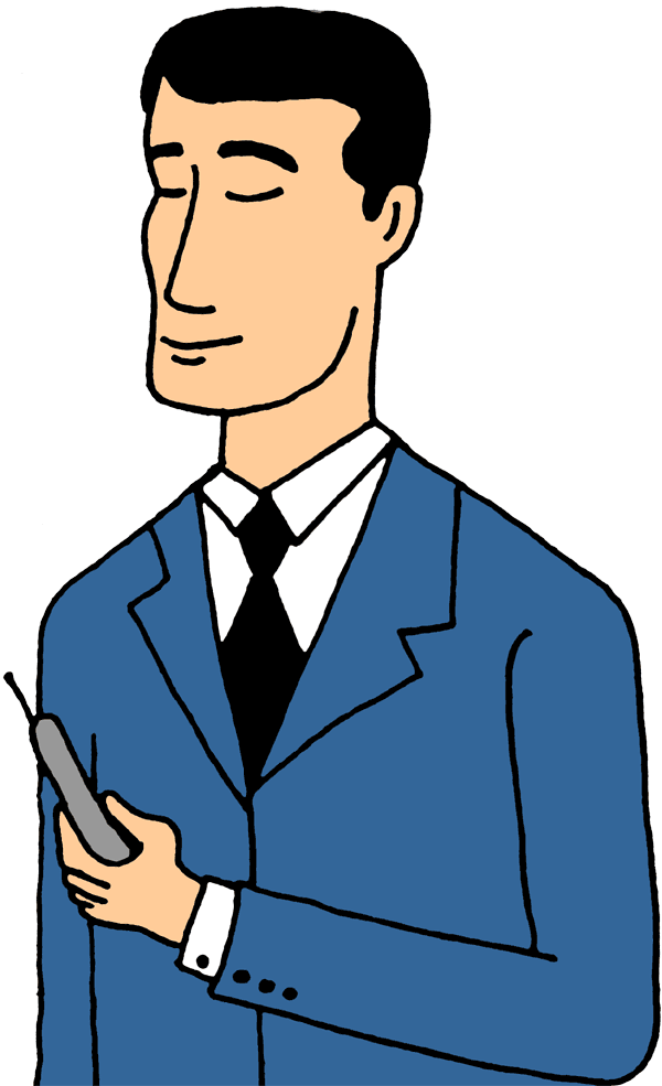A man in a blue suit holding a flip phone, depicted in a cartoon style.