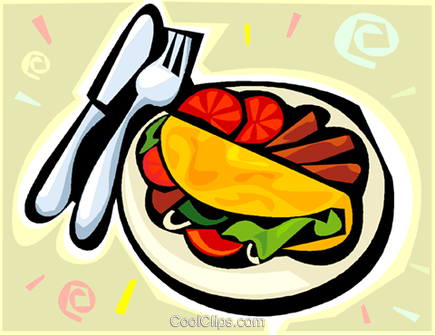 A colorful illustration of a taco on a plate with lettuce, tomatoes, and cheese, accompanied by a fork and knife.