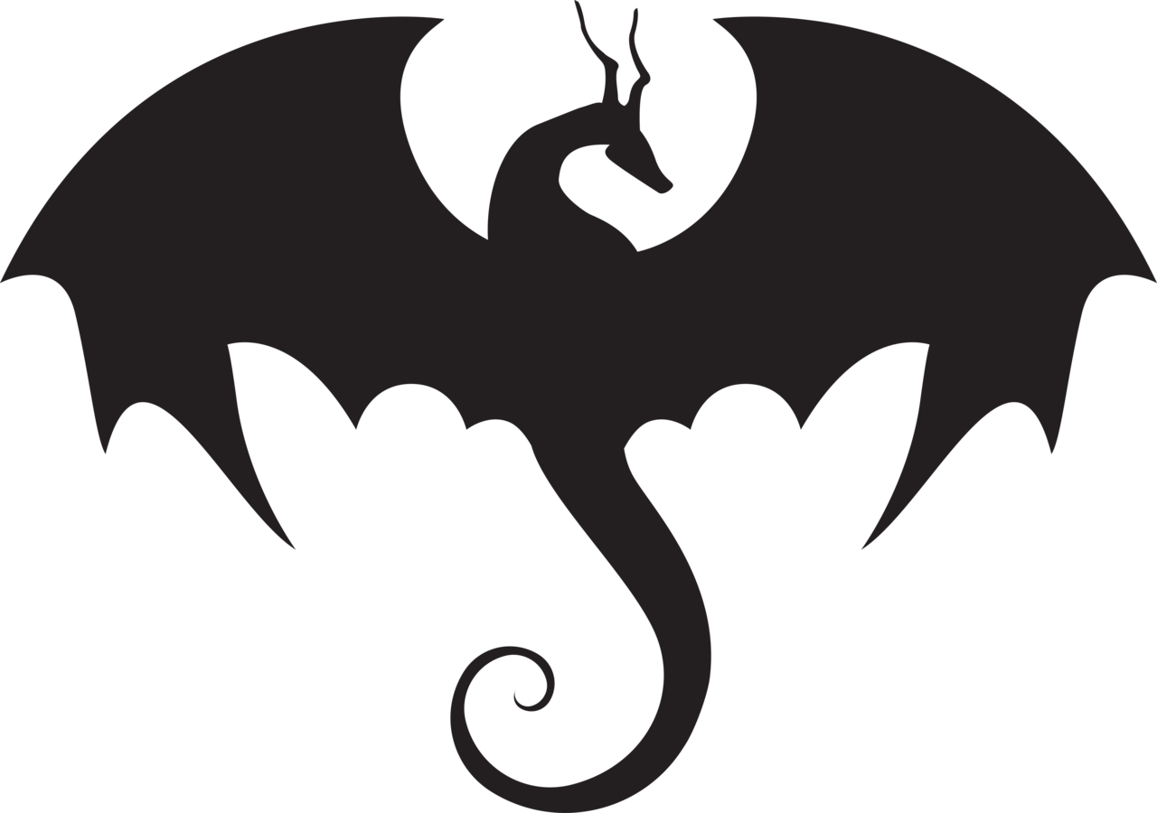 Black silhouette of a dragon with outstretched wings and a curled tail, set against a white background.