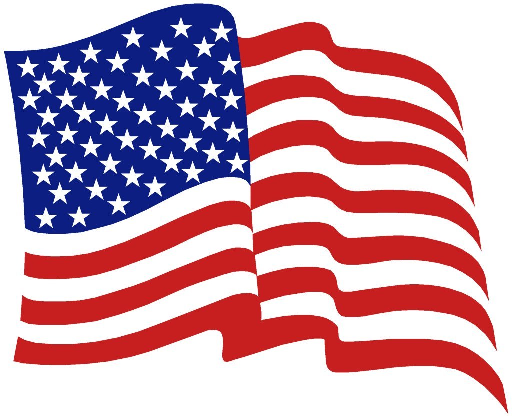 Waving American flag with 50 white stars on a blue field and 13 red and white stripes.