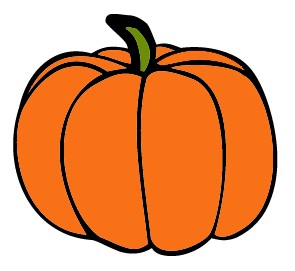 Orange pumpkin with green stem, cartoon-style illustration