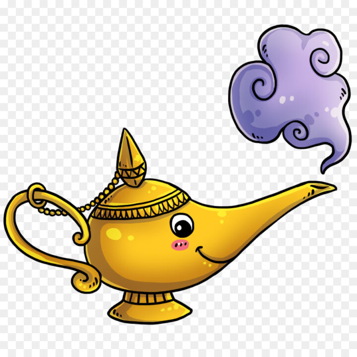 A cute cartoon golden genie lamp with a smiling face and a purple smoke cloud emerging from the spout.