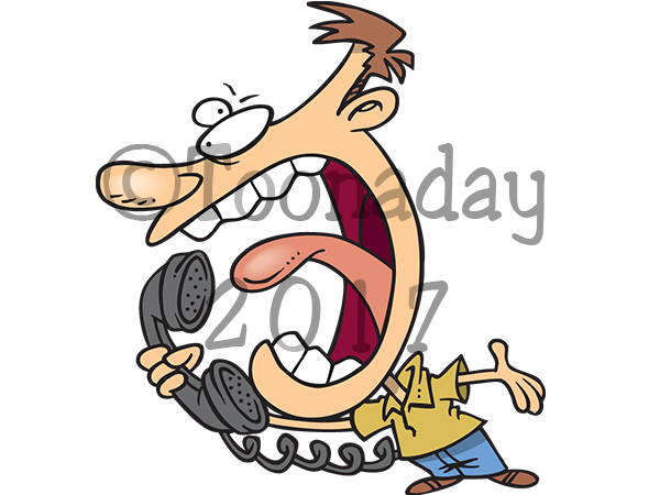 A cartoon man screaming into a telephone receiver, looking distressed and frustrated.