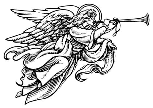 A black and white line drawing of an angel with large wings, blowing a trumpet, surrounded by a halo.