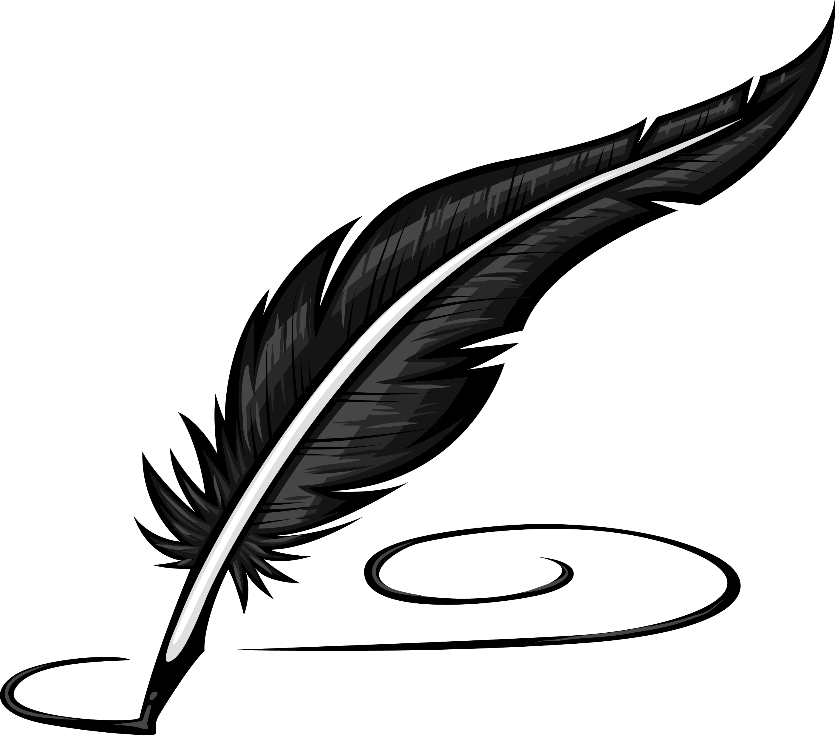 Black quill pen with feather, stylized illustration on white background