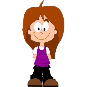 A cartoon girl with brown hair, wearing a purple top and black pants, smiling.
