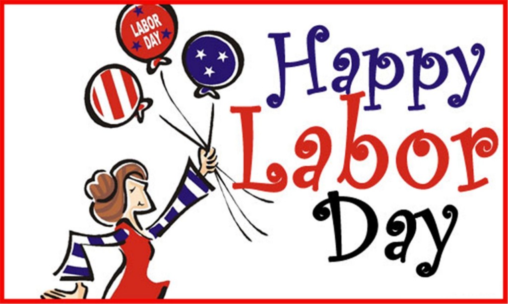 A cheerful cartoon woman holding balloons with "Labor Day" text and patriotic designs, celebrating the holiday.