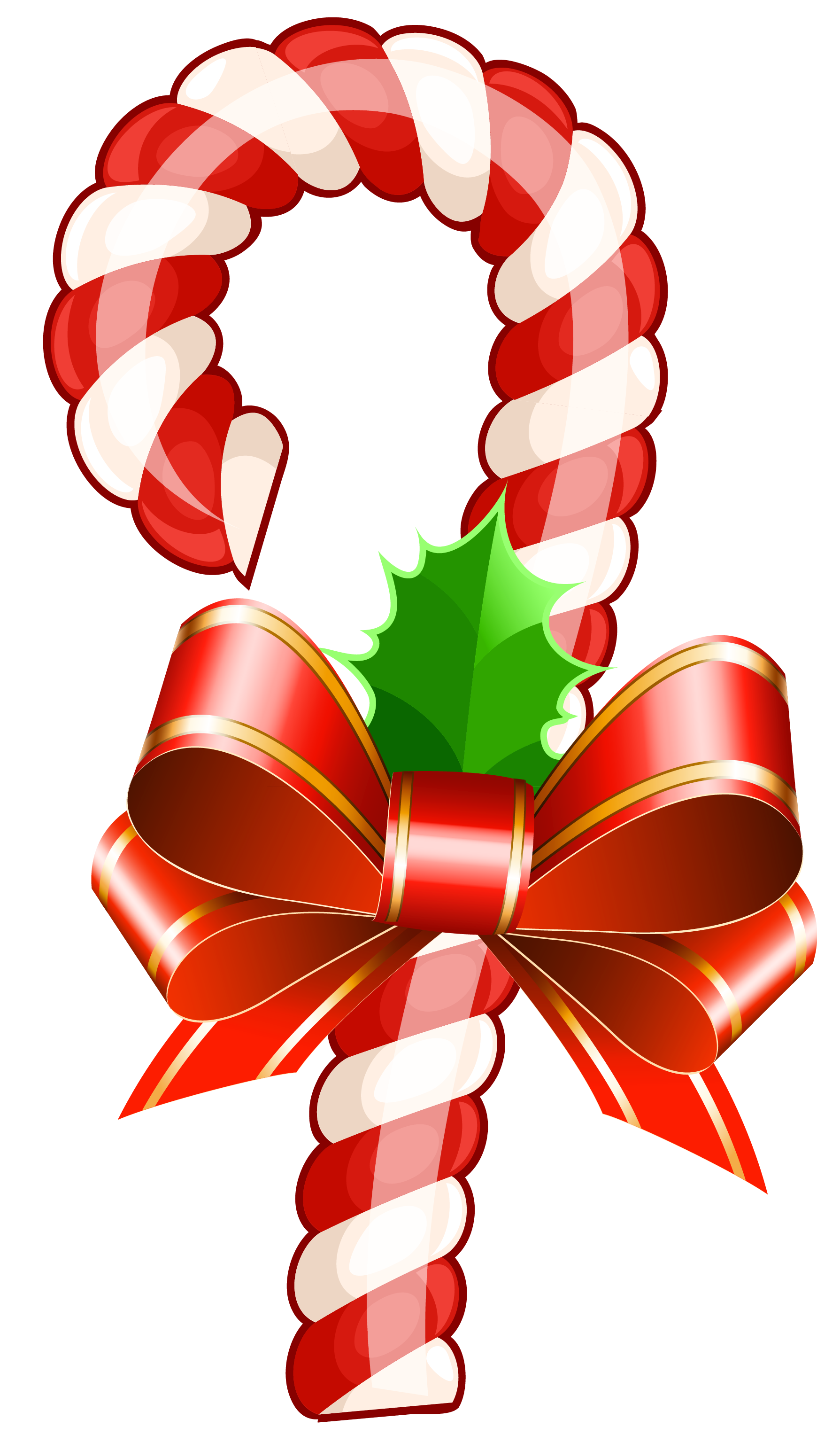 A festive red and white striped candy cane with a red ribbon bow and a green holly leaf.
