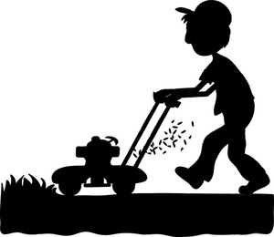 Silhouette of a person mowing the lawn with a push mower
