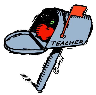 A cartoon-style mailbox labeled "TEACHER" with a red apple inside and a red flag raised.