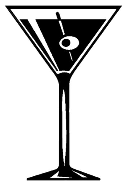 Black and white illustration of a martini glass with an olive on a toothpick.