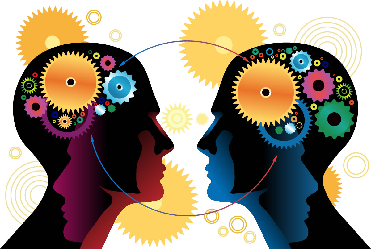 Two silhouetted heads in profile facing each other, with colorful gears and cogs inside, symbolizing mental connection and communication.