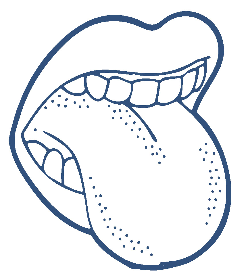 A blue line drawing of an open mouth with a protruding tongue and visible teeth.