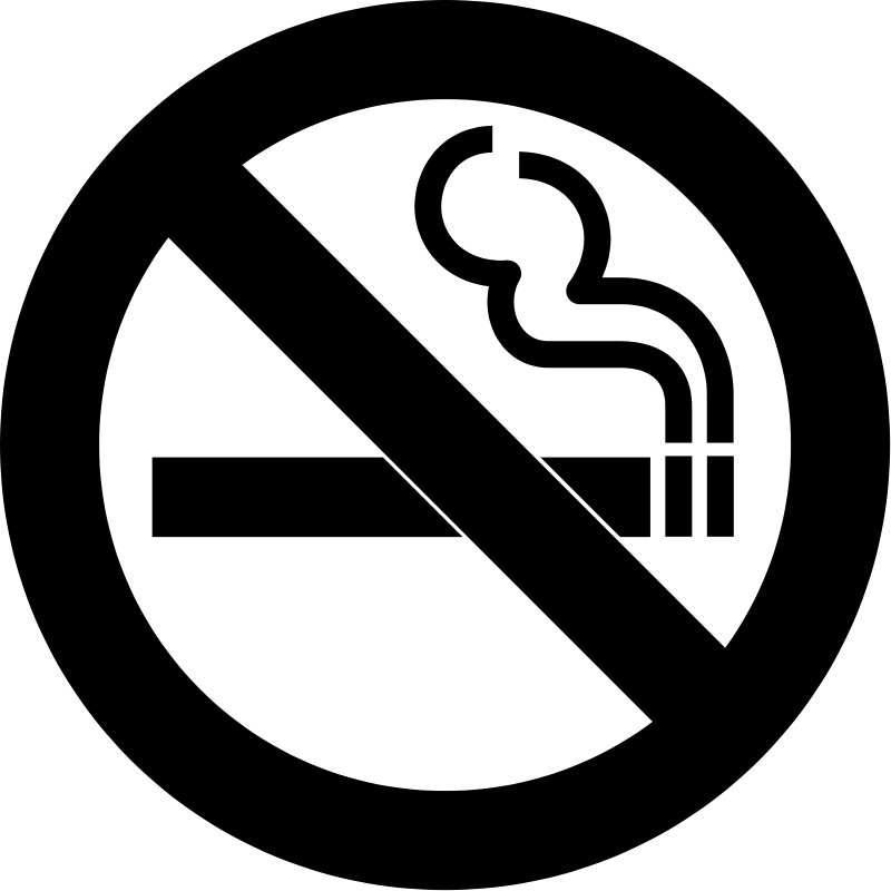 A black and white image showing a diagonal red prohibition sign over a background with a no-smoking symbol and text indicating a smoke-free area.