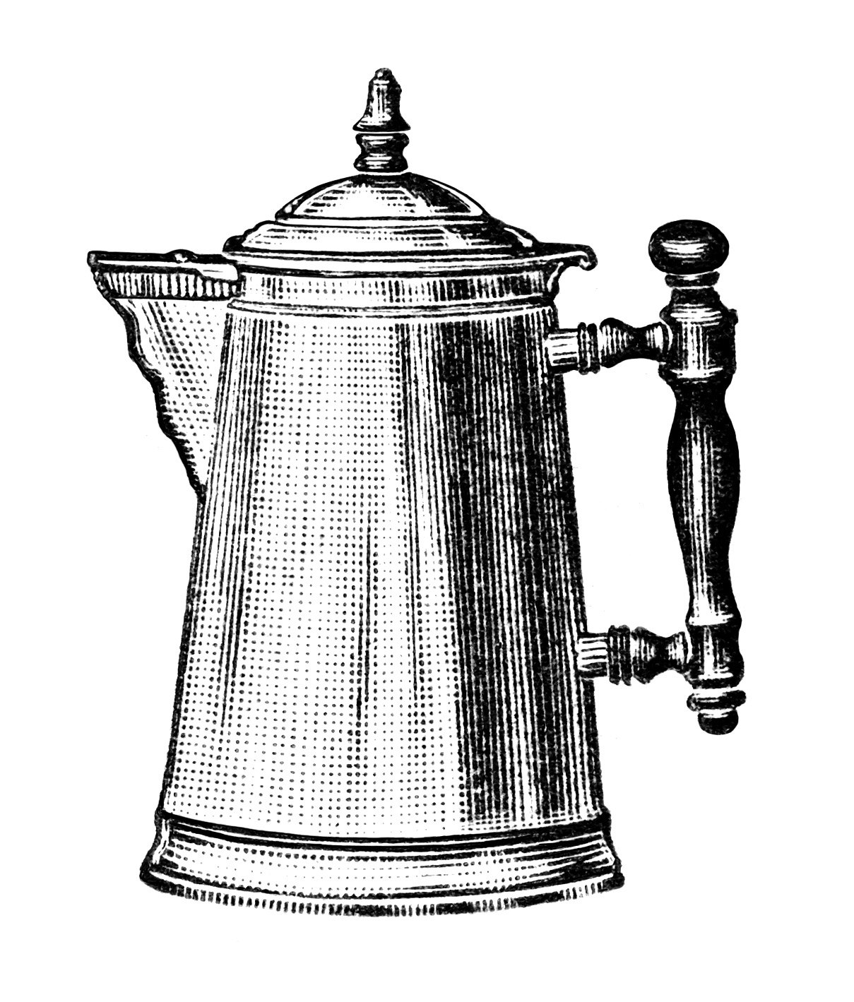Vintage metal coffee pot with wooden handle and lid, detailed illustration