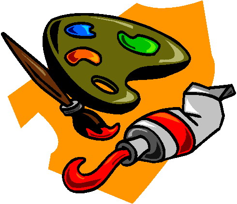 A colorful art palette with paint wells, a paintbrush, and a tube of red paint on an orange background.