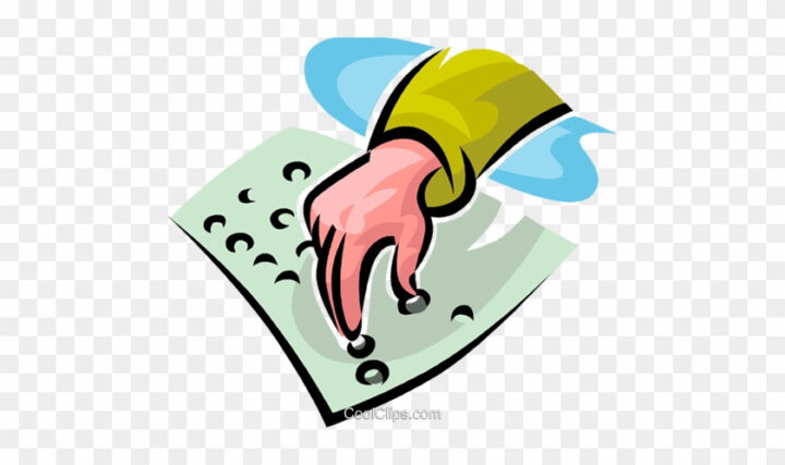A hand pressing a braille dot on a braille reading sheet.