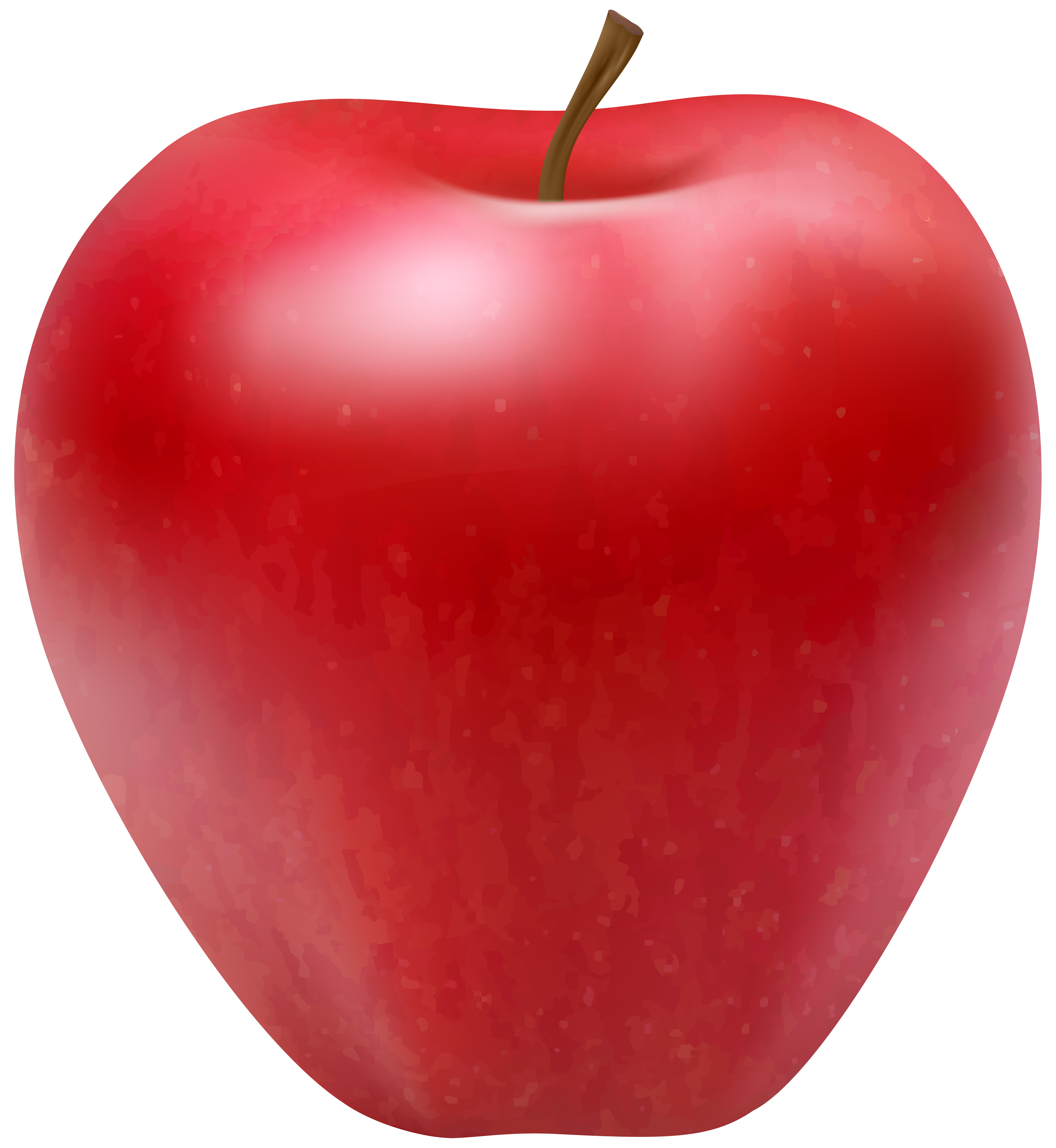 A vibrant red apple with a glossy surface and a brown stem, set against a white background.