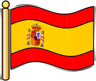 Spanish flag waving on a flagpole, featuring red and yellow stripes with the national coat of arms in the center.