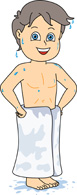 A cartoon boy wrapped in a towel, smiling with water droplets on his skin.