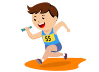 A cartoon boy running with a baton, wearing a blue and white uniform with the number 55, participating in a relay race.