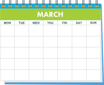 A spiral-bound calendar page for March with days of the week from Monday to Sunday and blank date squares.