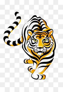 A stylized illustration of a tiger with bold black and yellow stripes, depicted in a dynamic walking pose against a transparent background.