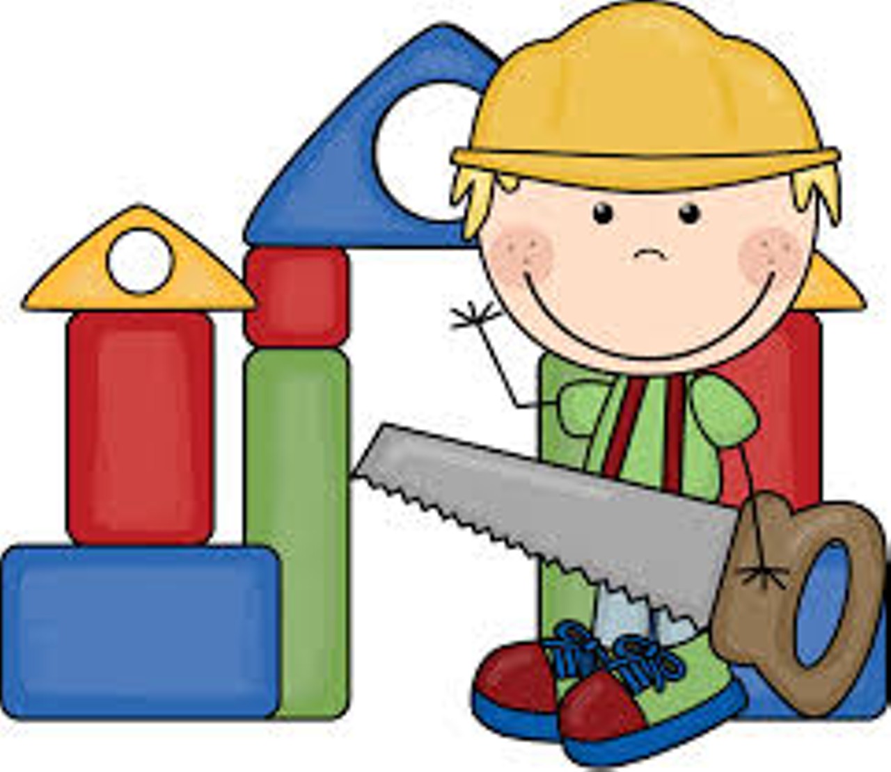 A cartoon child wearing a yellow hard hat and green shirt, holding a saw, standing next to colorful building blocks.