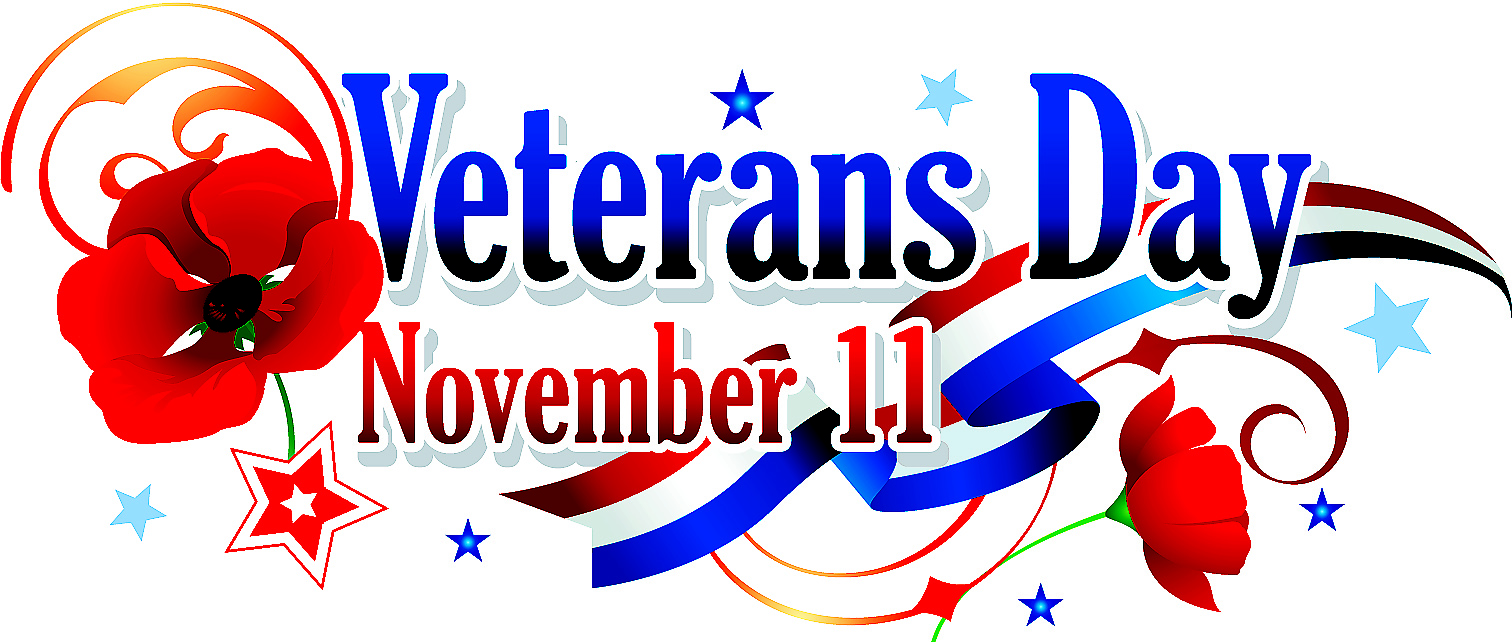 Veterans Day logo with red poppies, stars, and patriotic ribbons in blue, white, and red colors.