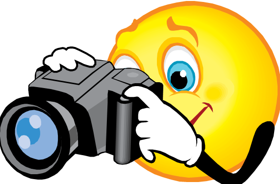 A cheerful yellow smiley face holding a camera, ready to take a photo.