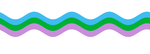 Wavy pattern of three colored bands—light blue, green, and purple—on a white background.
