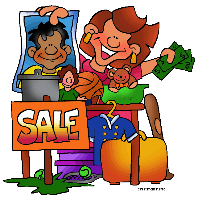 A cheerful cartoon woman holding money at a yard sale with various items like clothes, toys, and a "SALE" sign.