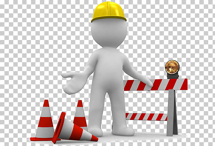 3D white construction worker figure wearing a yellow hard hat, standing beside a red and white striped barricade with traffic cones on a transparent background.