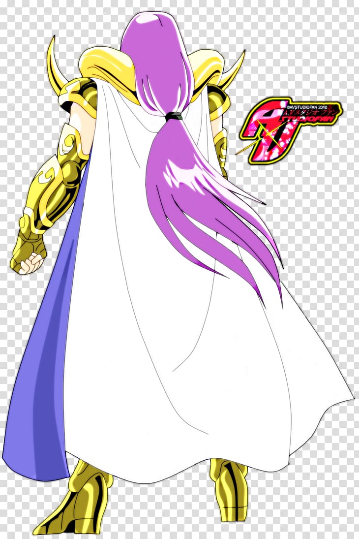 A character from Saint Seiya with long purple hair, golden armor, and a white and blue cape, viewed from the back.