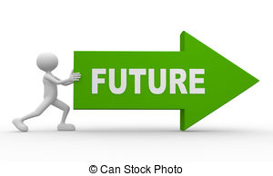 A 3D figure pushing a large green arrow labeled "FUTURE" forward.