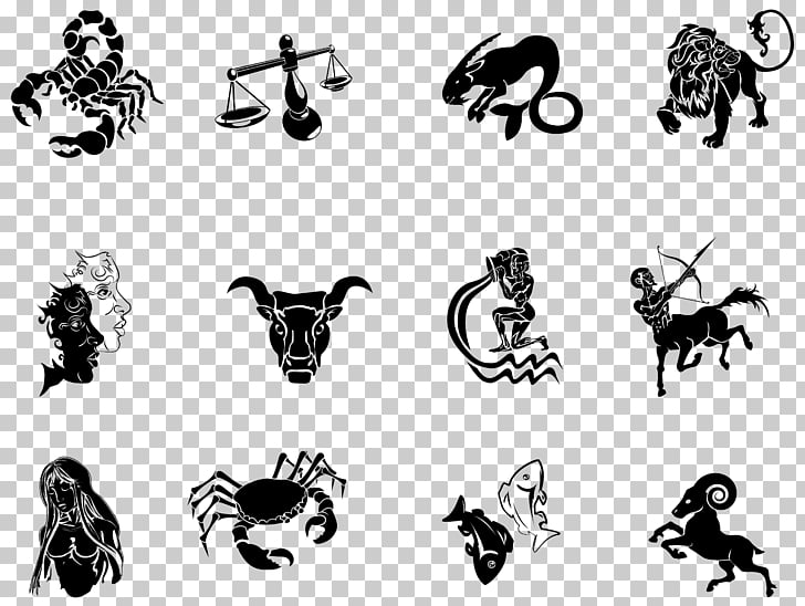 Black silhouettes of the twelve zodiac signs on a transparent background.