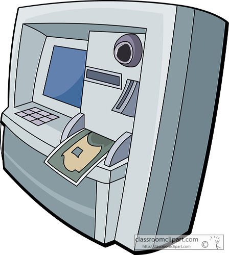 A cartoon illustration of an ATM machine with a card slot, keypad, screen, and cash dispenser, showing a banknote being dispensed.