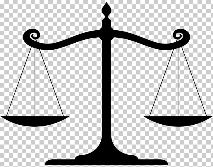 Black silhouette of a balanced scale of justice on a transparent background.