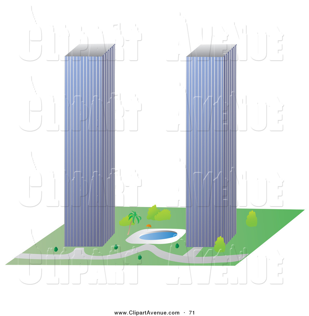 Two tall blue skyscrapers with vertical stripes, surrounded by green grass, trees, a small pond, and a pathway.