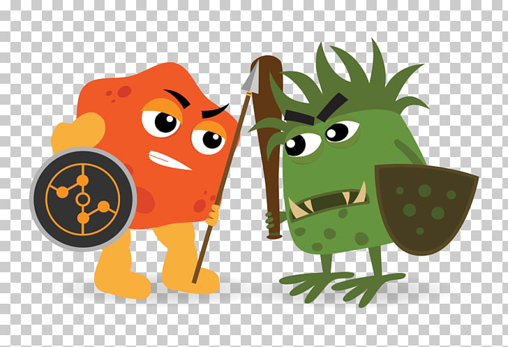 Two cartoon monsters, one orange and one green, standing as warriors with shields and weapons.