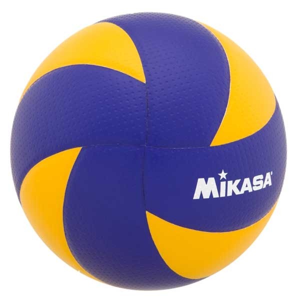 Blue and yellow Mikasa volleyball with textured surface and brand logo.
