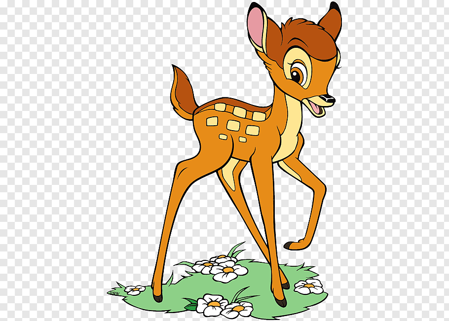 Bambi the deer fawn standing on a patch of grass with white flowers, smiling and looking to the side.