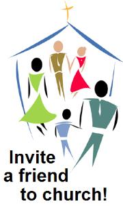 A colorful illustration of a family under a church roof with a cross, accompanied by the text "Invite a friend to church!"