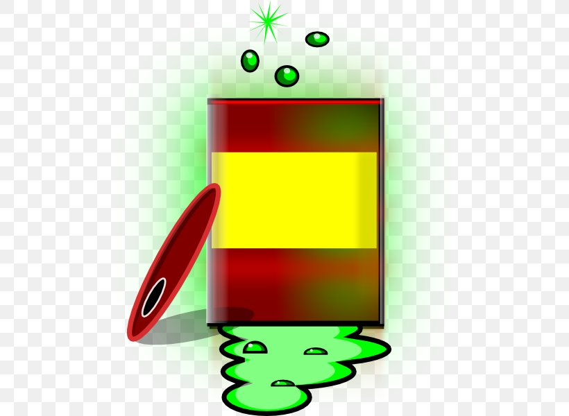 A cartoon can with red, yellow, and green stripes, spilling green liquid and emitting green bubbles.